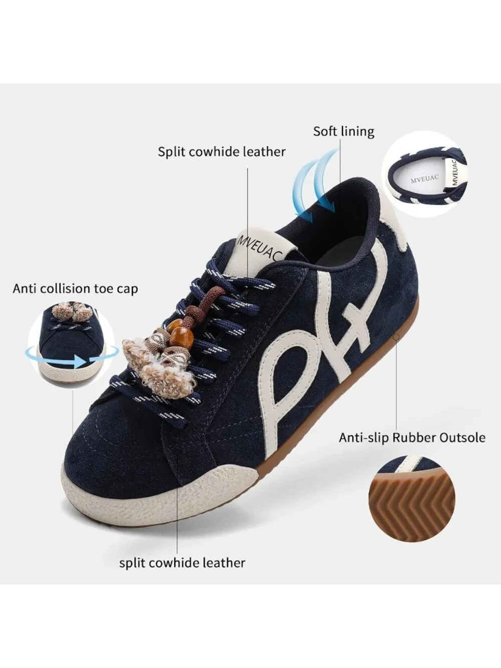 Women's Blue Leather Lightweight ﻿Retro Gum Sole Walking Casual Fashion Sneakers